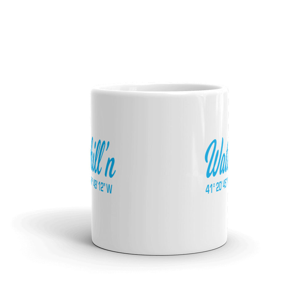 Watchill'n 'Local Coordinates' Ceramic Mug - (Cyan) - Watch Hill RI t-shirts with vintage surfing and motorcycle designs.