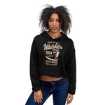 Watchill'n 'Surf's Up' - Women's Cropped Fleece Hoodie (Tan) - Watch Hill RI t-shirts with vintage surfing and motorcycle designs.