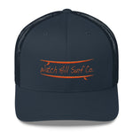 Watch Hill Surf Co. 'Parallel Boards' Trucker Cap (Orange) - Watch Hill RI t-shirts with vintage surfing and motorcycle designs.