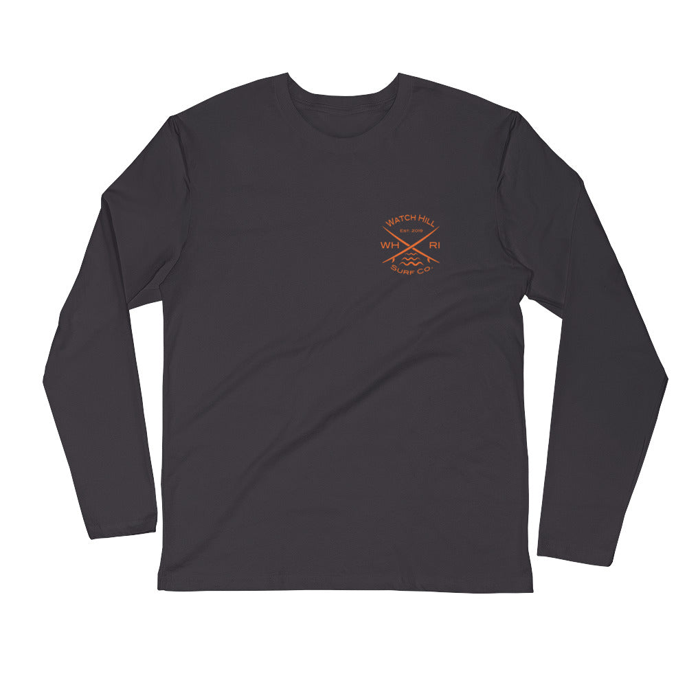 Watch Hill 'Surf Co.’ Premium Long Sleeve Fitted Crew (Orange) - Watch Hill RI t-shirts with vintage surfing and motorcycle designs.