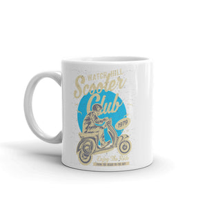 Watchill’n ‘Scooter Club’ Ceramic Mugs in 11oz. or 15oz. (Creme/Cyan) - Watch Hill RI t-shirts with vintage surfing and motorcycle designs.
