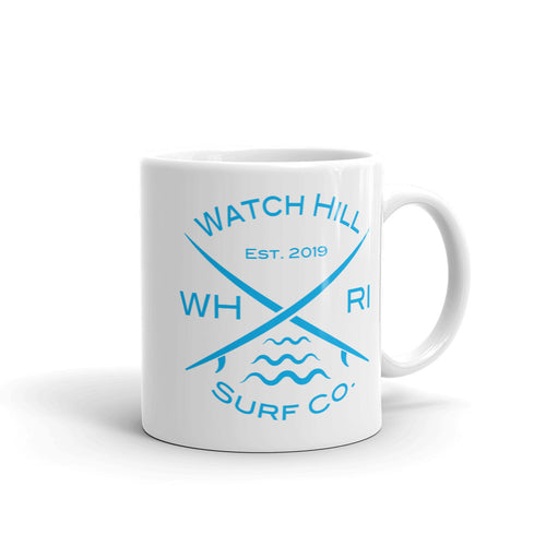 Watch Hill ‘Surf Co.’ Ceramic Mugs in 11oz. or 15oz. (Cyan) - Watch Hill RI t-shirts with vintage surfing and motorcycle designs.