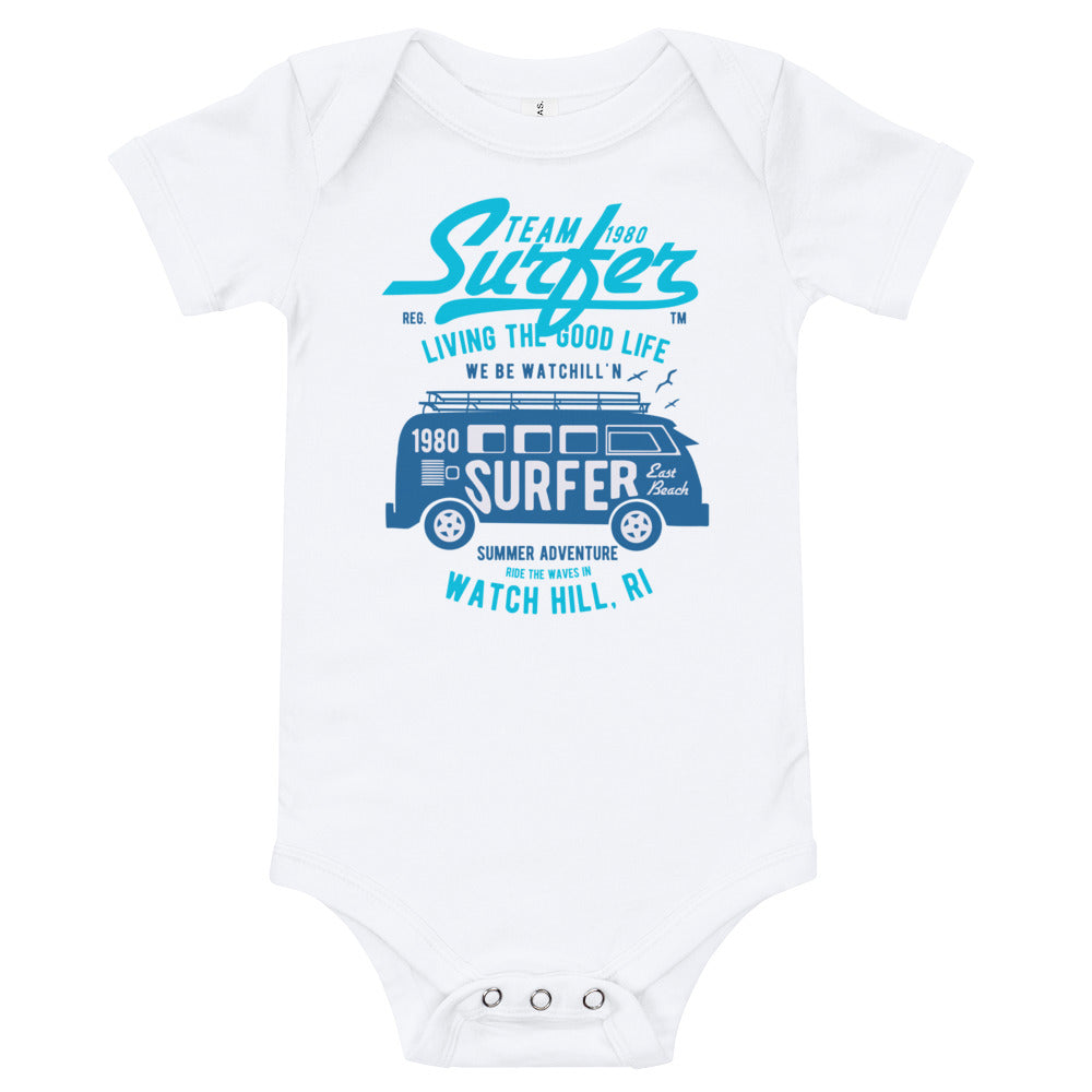 Watchill'n 'Team Surfer' - Baby Jersey Short Sleeve One Piece (Cyan) - Watch Hill RI t-shirts with vintage surfing and motorcycle designs.