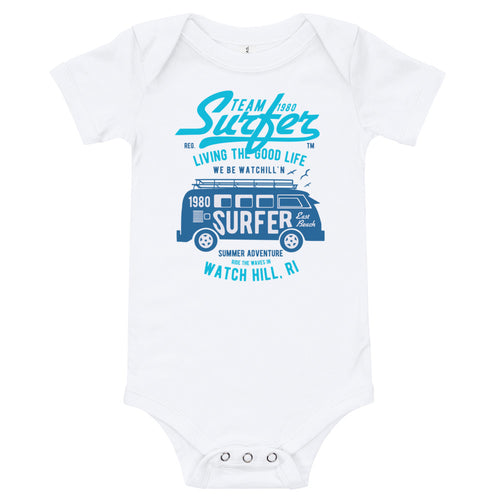 Watchill'n 'Team Surfer' - Baby Jersey Short Sleeve One Piece (Cyan) - Watch Hill RI t-shirts with vintage surfing and motorcycle designs.