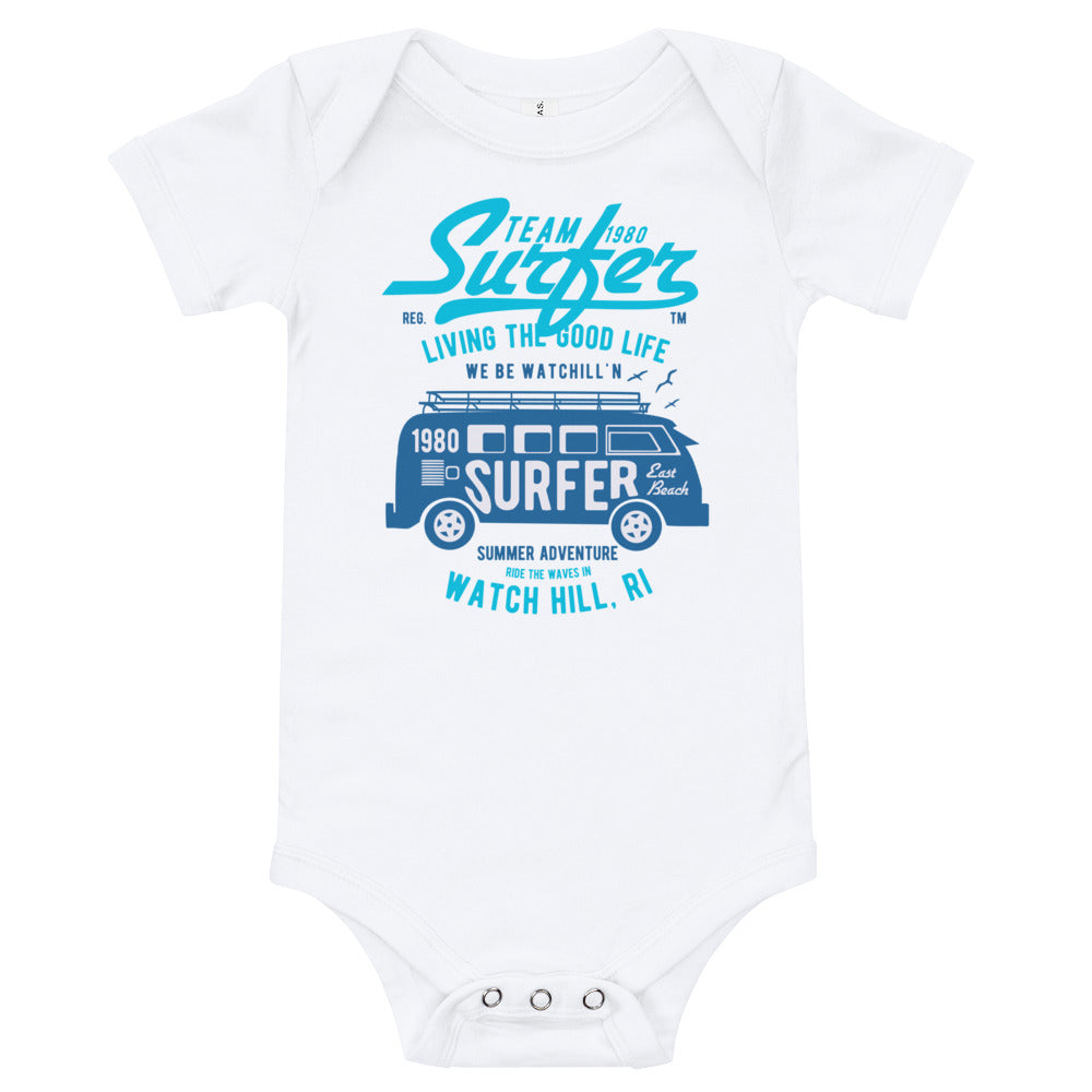 Watchill'n 'Team Surfer' - Baby Jersey Short Sleeve One Piece (Cyan) - Watch Hill RI t-shirts with vintage surfing and motorcycle designs.