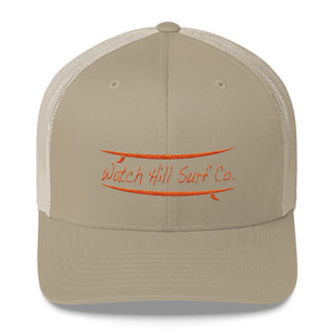 Watch Hill Surf Co. 'Parallel Boards' Trucker Cap (Orange) - Watch Hill RI t-shirts with vintage surfing and motorcycle designs.