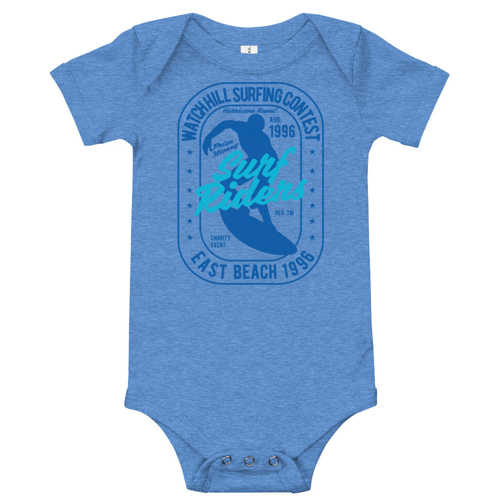 Watchill'n 'Surf Rider' - Baby Jersey Short Sleeve One Piece (Blue) - Watch Hill RI t-shirts with vintage surfing and motorcycle designs.