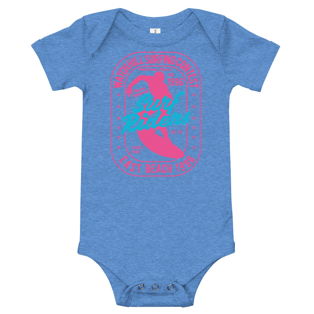 Watchill'n 'Surf Rider' - Baby Jersey Short Sleeve One Piece (Pink) - Watch Hill RI t-shirts with vintage surfing and motorcycle designs.