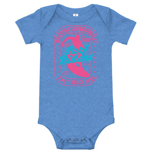 Watchill'n 'Surf Rider' - Baby Jersey Short Sleeve One Piece (Pink) - Watch Hill RI t-shirts with vintage surfing and motorcycle designs.