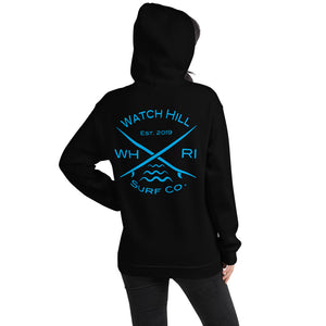 Watch Hill 'Surf Co.’ Unisex Hoodie (Blue) - Watch Hill RI t-shirts with vintage surfing and motorcycle designs.