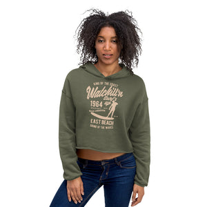 Watchill'n 'Surf's Up' - Women's Cropped Fleece Hoodie (Tan) - Watch Hill RI t-shirts with vintage surfing and motorcycle designs.