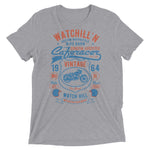 Watchill’n ‘Bike Barn’ Unisex Short sleeve t-shirt (Rust/Blue) - Watchill'n