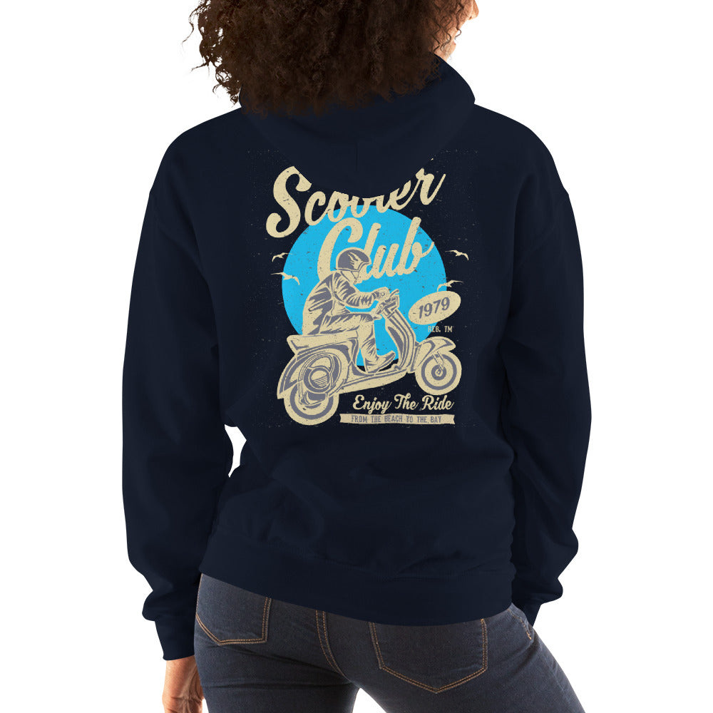 Watchill’n ‘Scooter Club’ Unisex Hoodie (Creme/Cyan) - Watch Hill RI t-shirts with vintage surfing and motorcycle designs.