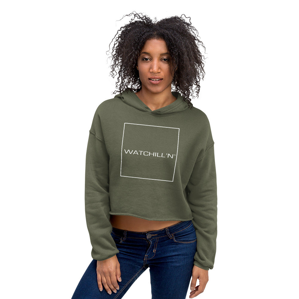 Watchill'n 'Square' Logo - Women's Cropped Fleece Hoodie (White) - Watch Hill RI t-shirts with vintage surfing and motorcycle designs.