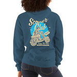 Watchill’n ‘Scooter Club’ Unisex Hoodie (Creme/Cyan) - Watch Hill RI t-shirts with vintage surfing and motorcycle designs.