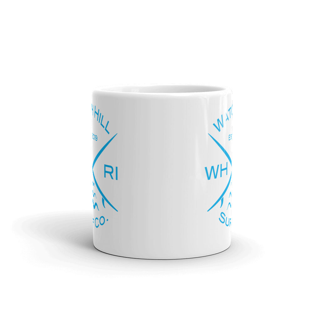 Watch Hill ‘Surf Co.’ Ceramic Mugs in 11oz. or 15oz. (Cyan) - Watch Hill RI t-shirts with vintage surfing and motorcycle designs.