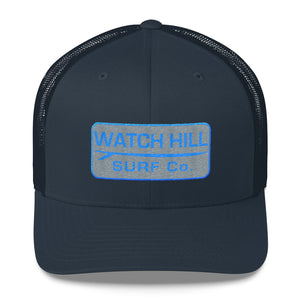 Watch Hill Surf Co. 'Patch Logo' Trucker Cap (Grey/Cyan) - Watch Hill RI t-shirts with vintage surfing and motorcycle designs.