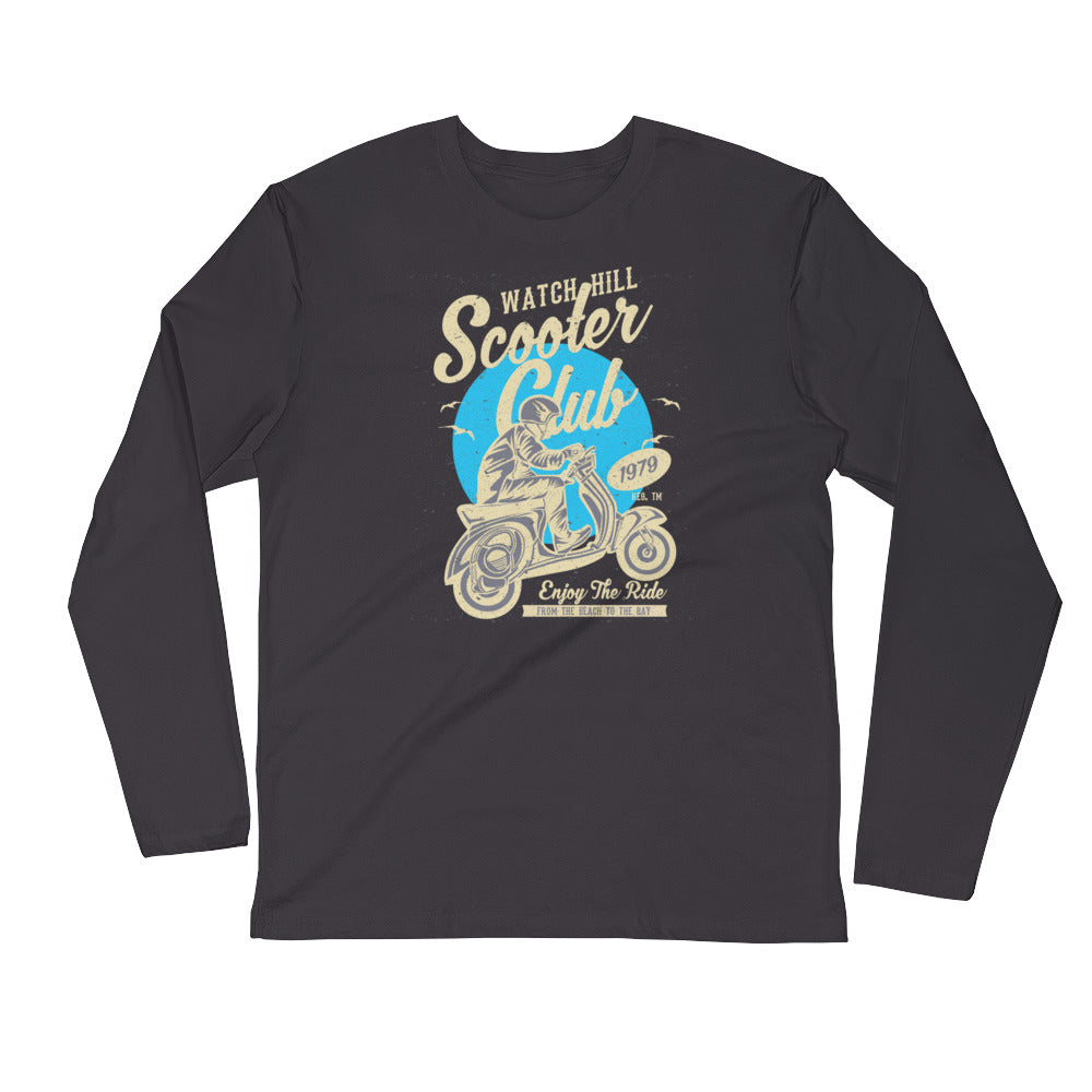 Watchill’n ‘Scooter Rider’ Premium Long Sleeve Fitted Crew (Tan/Cyan) - Watch Hill RI t-shirts with vintage surfing and motorcycle designs.