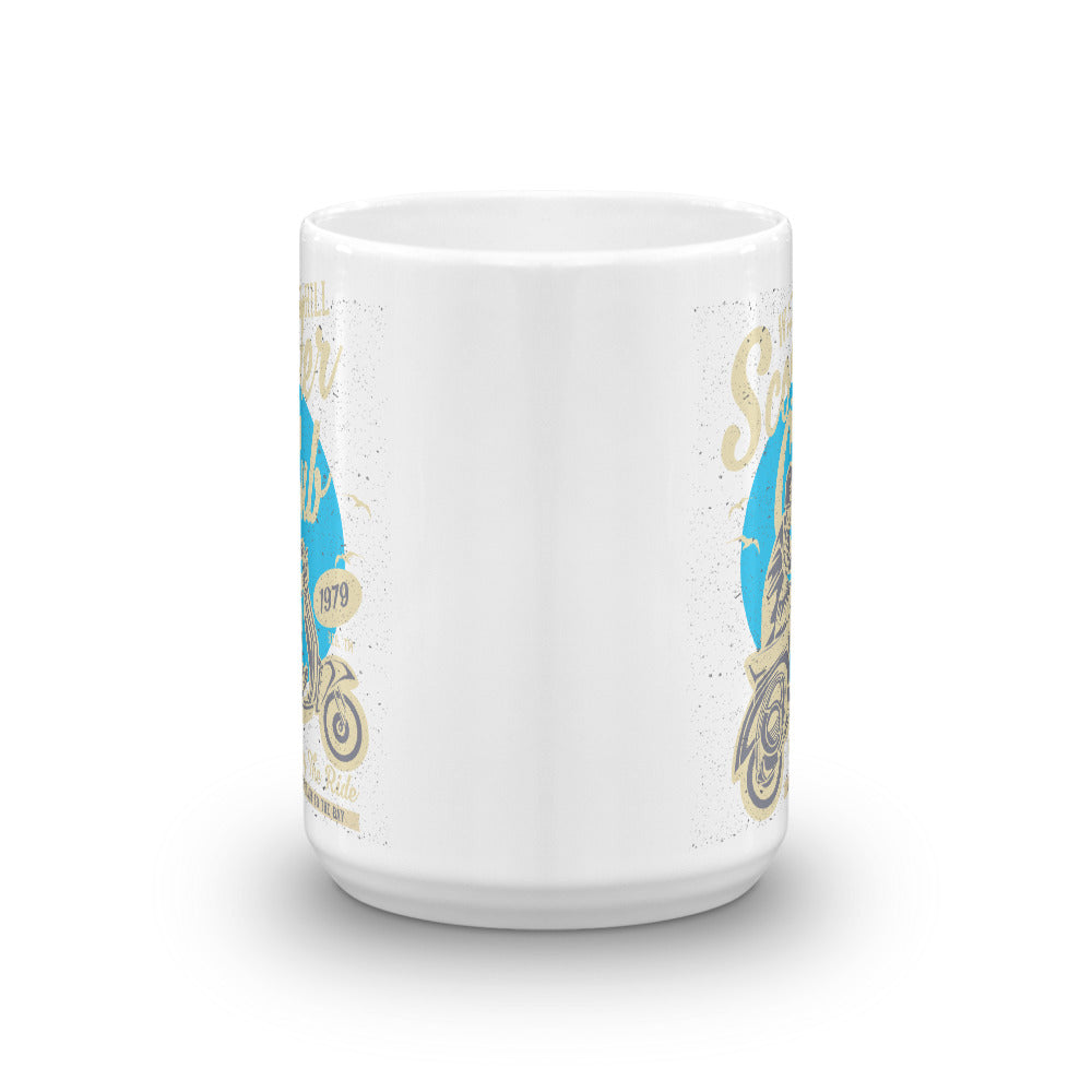 Watchill’n ‘Scooter Club’ Ceramic Mugs in 11oz. or 15oz. (Creme/Cyan) - Watch Hill RI t-shirts with vintage surfing and motorcycle designs.