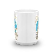 Load image into Gallery viewer, Watchill’n ‘Scooter Club’ Ceramic Mugs in 11oz. or 15oz. (Creme/Cyan) - Watch Hill RI t-shirts with vintage surfing and motorcycle designs.
