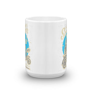 Watchill’n ‘Scooter Club’ Ceramic Mugs in 11oz. or 15oz. (Creme/Cyan) - Watch Hill RI t-shirts with vintage surfing and motorcycle designs.