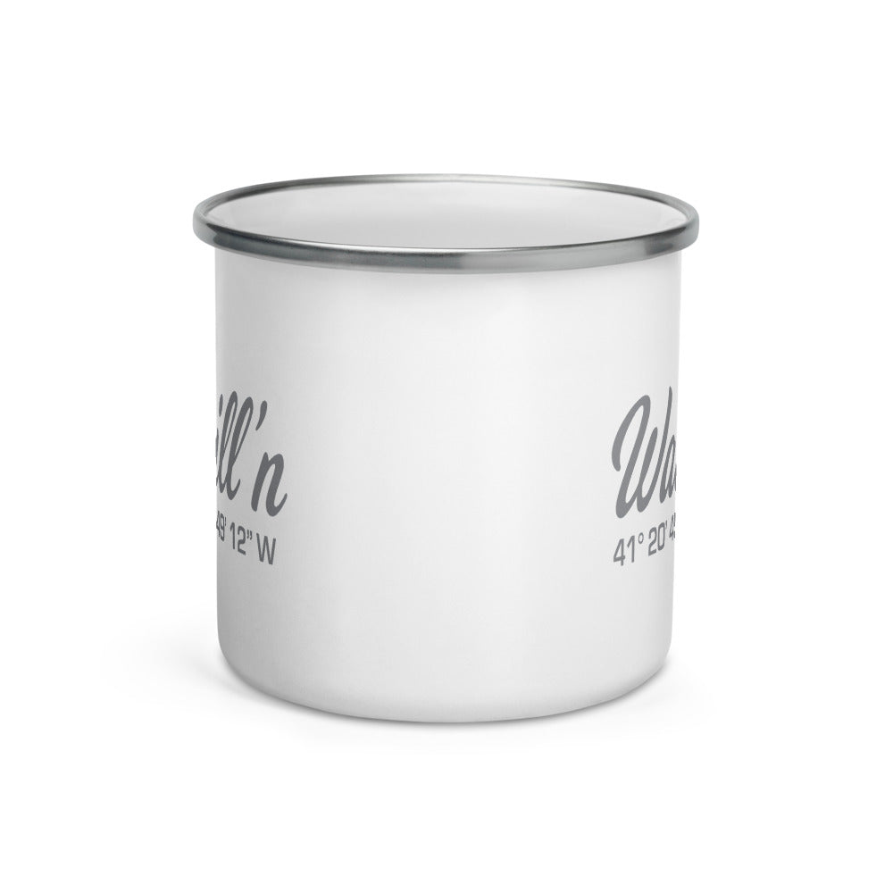 Watchill'n 'Coordinates' Enamel Mug (Grey) - Watch Hill RI t-shirts with vintage surfing and motorcycle designs.
