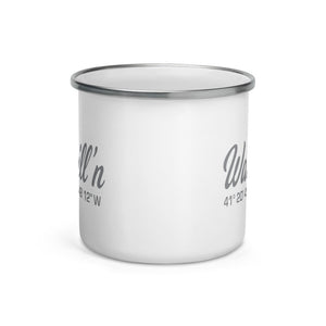 Watchill'n 'Coordinates' Enamel Mug (Grey) - Watch Hill RI t-shirts with vintage surfing and motorcycle designs.