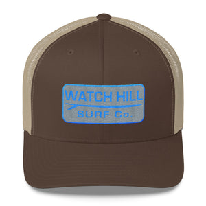 Watch Hill Surf Co. 'Patch Logo' Trucker Cap (Grey/Cyan) - Watch Hill RI t-shirts with vintage surfing and motorcycle designs.