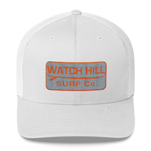Load image into Gallery viewer, Watch Hill Surf Co. &#39;Patch Logo&#39; Trucker Cap (Grey/Orange) - Watch Hill RI t-shirts with vintage surfing and motorcycle designs.