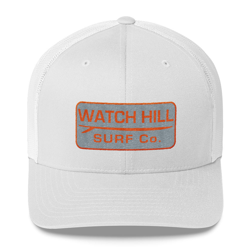 Watch Hill Surf Co. 'Patch Logo' Trucker Cap (Grey/Orange) - Watch Hill RI t-shirts with vintage surfing and motorcycle designs.