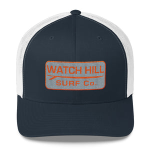 Watch Hill Surf Co. 'Patch Logo' Trucker Cap (Grey/Orange) - Watch Hill RI t-shirts with vintage surfing and motorcycle designs.