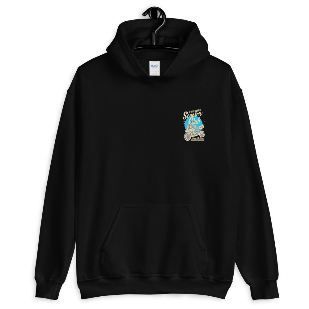 Watchill’n ‘Scooter Club’ Unisex Hoodie (Creme/Cyan) - Watch Hill RI t-shirts with vintage surfing and motorcycle designs.