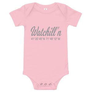 Watchill'n 'Coordinates' - Baby Jersey Short Sleeve One Piece (Grey) - Watch Hill RI t-shirts with vintage surfing and motorcycle designs.