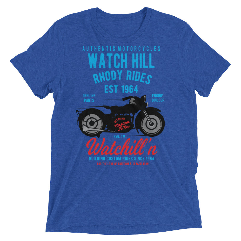 Watchill’n ‘Rhody Rides’ Unisex Short sleeve t-shirt (Blue/Red) - Watchill'n