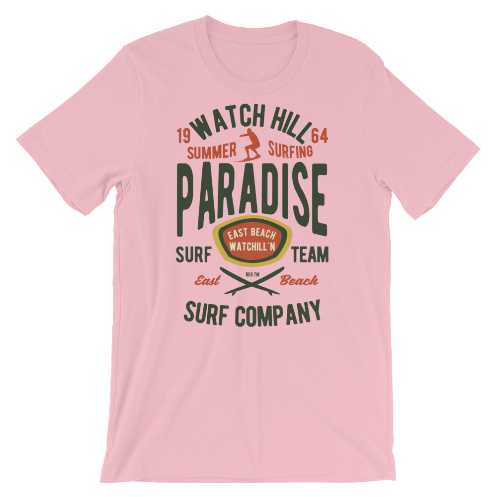 Watchill'n 'Summer Surfing' - Short-Sleeve Unisex T-Shirt (Green/Terracotta) - Watchill'n