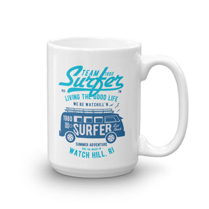 Watchill'n 'Team Surfer' Ceramic Mug - (Cyan/Blue) - Watch Hill RI t-shirts with vintage surfing and motorcycle designs.