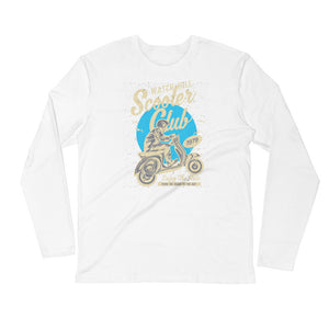 Watchill’n ‘Scooter Rider’ Premium Long Sleeve Fitted Crew (Tan/Cyan) - Watch Hill RI t-shirts with vintage surfing and motorcycle designs.