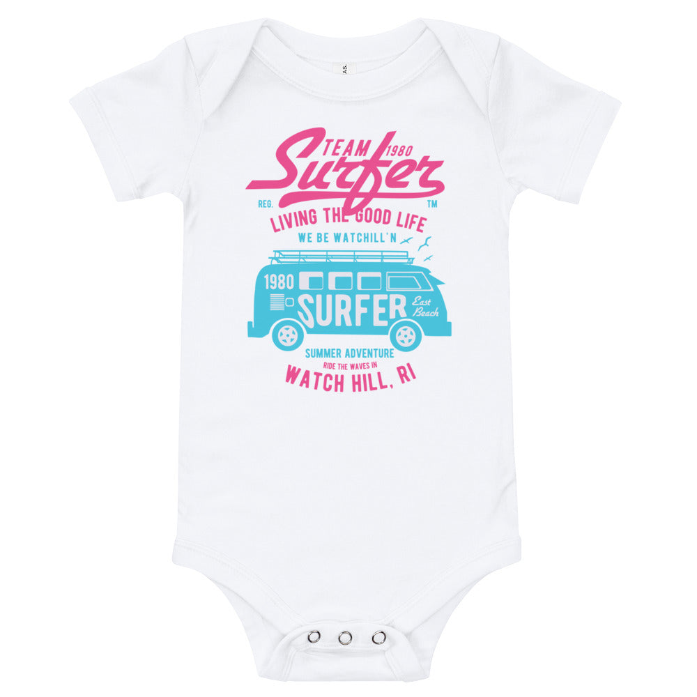 Watchill'n 'Team Surfer' Baby Jersey Short Sleeve One Piece (Pink)