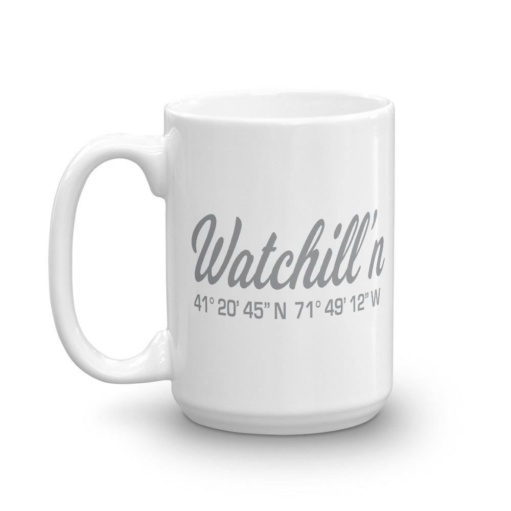 Watchill'n 'Local Coordinates' Ceramic Mug - (Grey) - Watch Hill RI t-shirts with vintage surfing and motorcycle designs.