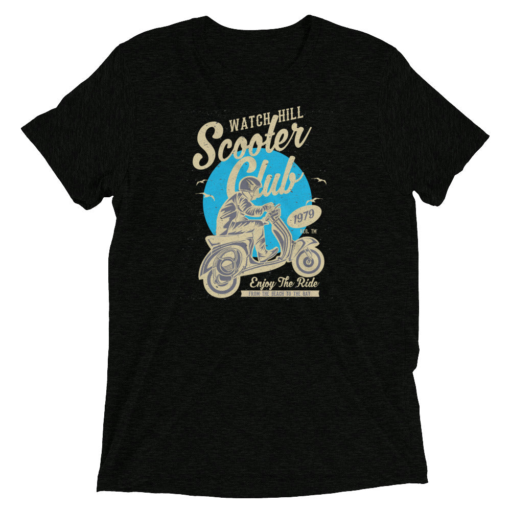 Watchill’n ‘Scooter Club’ Unisex Short Sleeve t-shirt (Creme/Cyan) - Watch Hill RI t-shirts with vintage surfing and motorcycle designs.