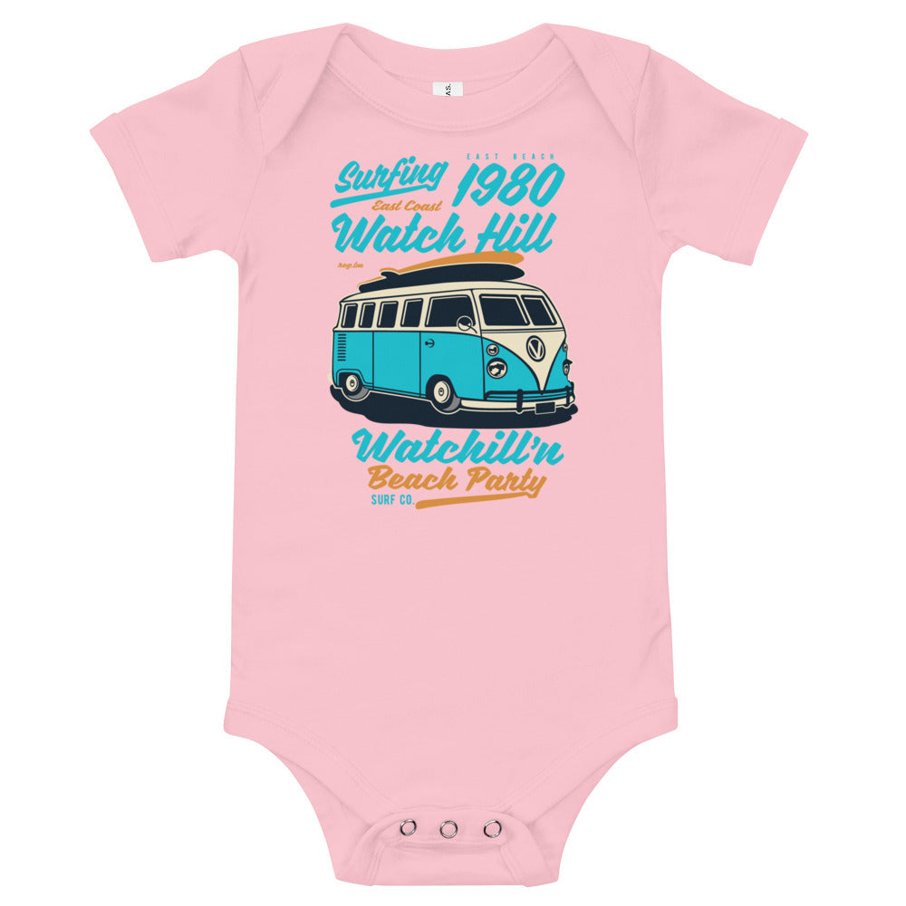 Watchill'n 'Beach Party' - Baby Jersey Short Sleeve One Piece (Turquoise) - Watch Hill RI t-shirts with vintage surfing and motorcycle designs.