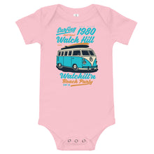 Load image into Gallery viewer, Watchill&#39;n &#39;Beach Party&#39; - Baby Jersey Short Sleeve One Piece (Turquoise) - Watch Hill RI t-shirts with vintage surfing and motorcycle designs.