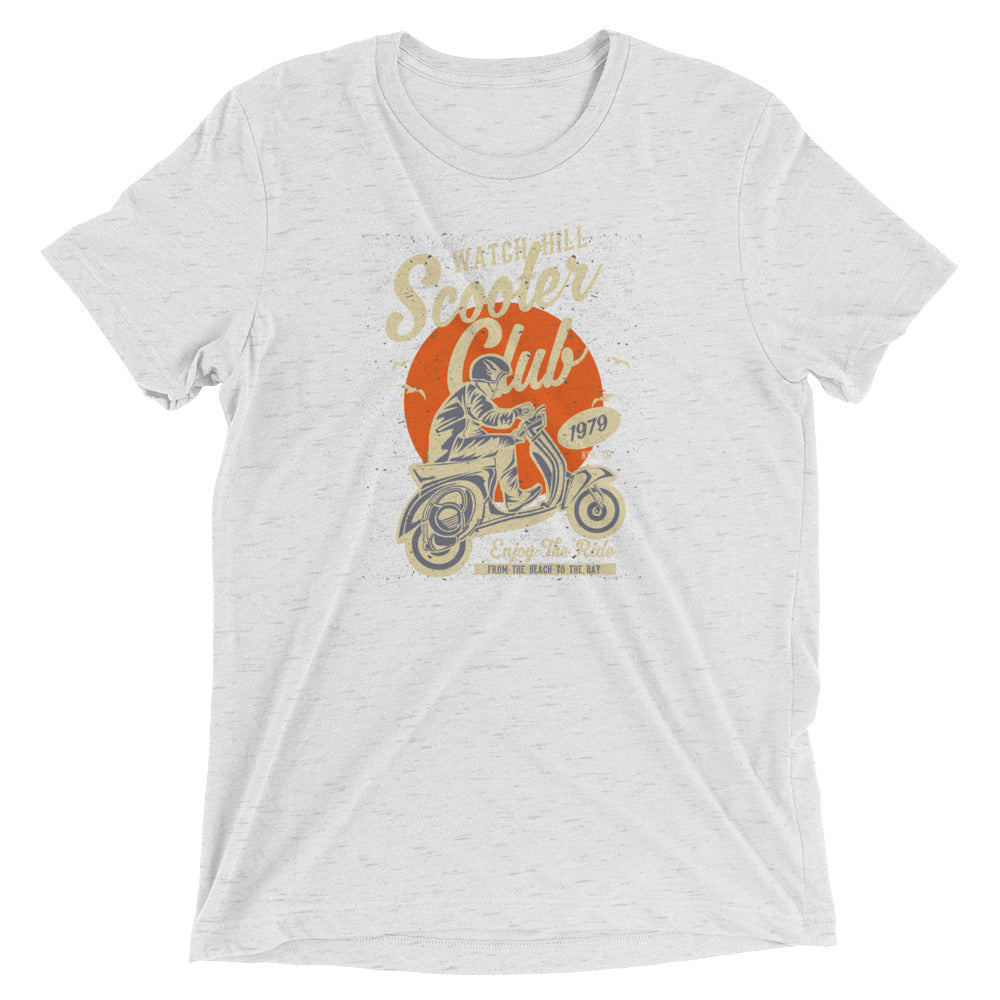 Watchill’n ‘Scooter Club’ Unisex Short Sleeve t-shirt (Creme/Orange) - Watch Hill RI t-shirts with vintage surfing and motorcycle designs.