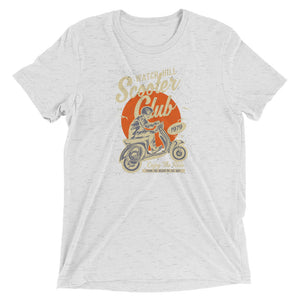 Watchill’n ‘Scooter Club’ Unisex Short Sleeve t-shirt (Creme/Orange) - Watch Hill RI t-shirts with vintage surfing and motorcycle designs.