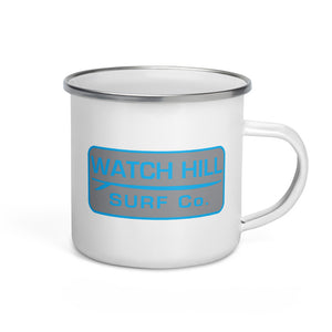 Watch Hill 'Surf Co.' Enamel Mug (Cyan/Grey) - Watch Hill RI t-shirts with vintage surfing and motorcycle designs.