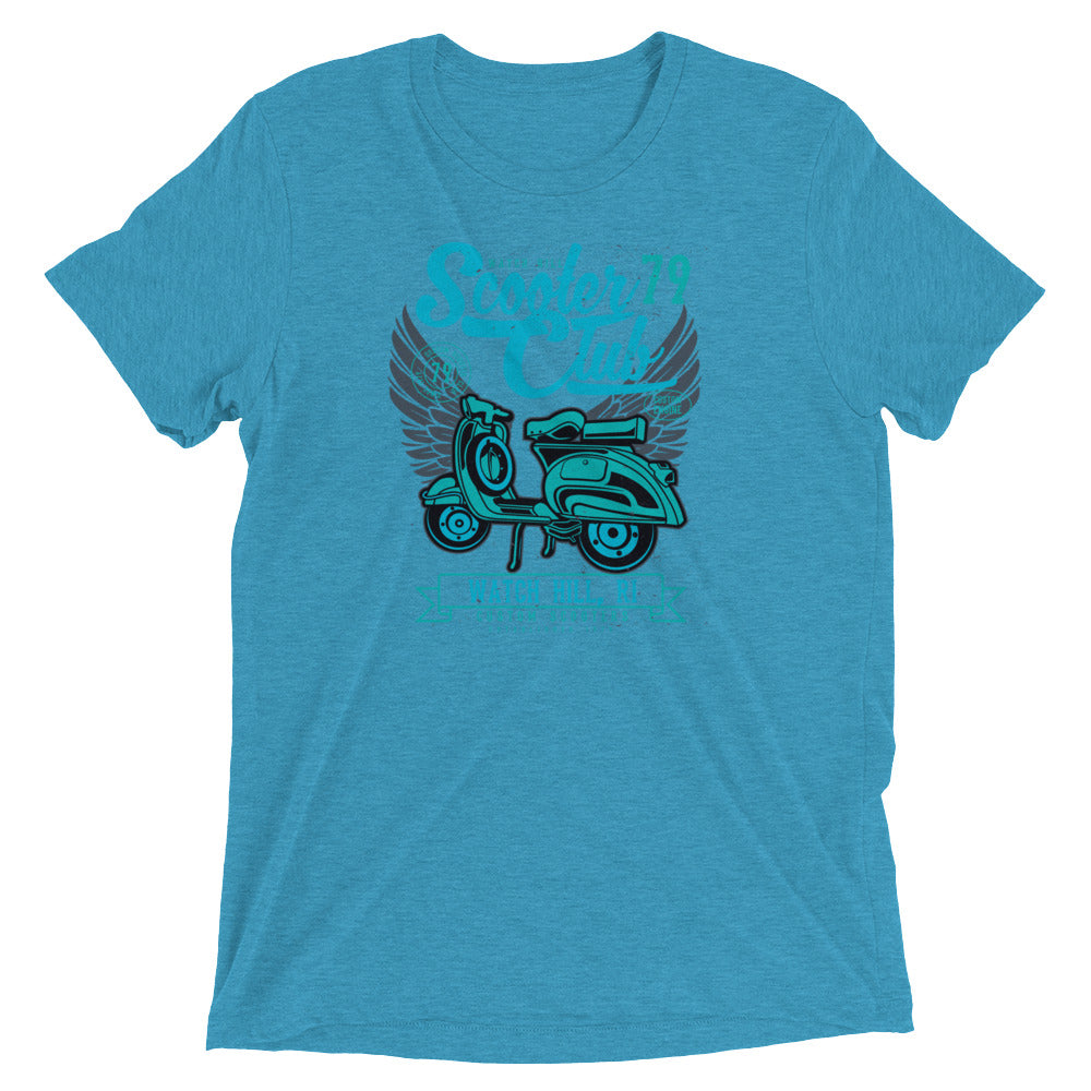Watchill’n ‘Scooter Club’ Unisex Short Sleeve t-shirt (Cyan/Turquoise) - Watch Hill RI t-shirts with vintage surfing and motorcycle designs.