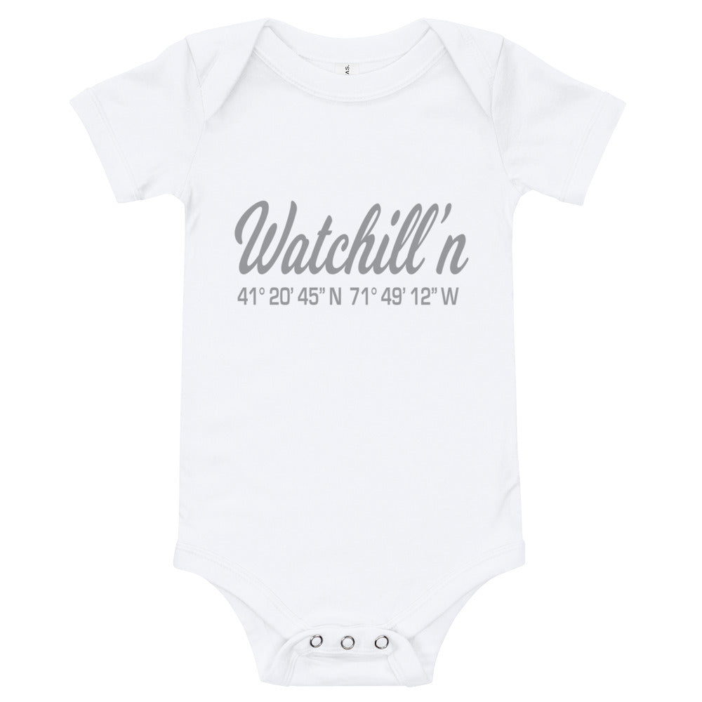 Watchill'n 'Coordinates' - Baby Jersey Short Sleeve One Piece (Grey) - Watch Hill RI t-shirts with vintage surfing and motorcycle designs.