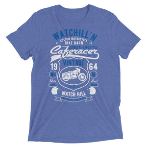 Watchill’n ‘Bike Barn’ Unisex Short sleeve t-shirt (White/Blue) - Watchill'n