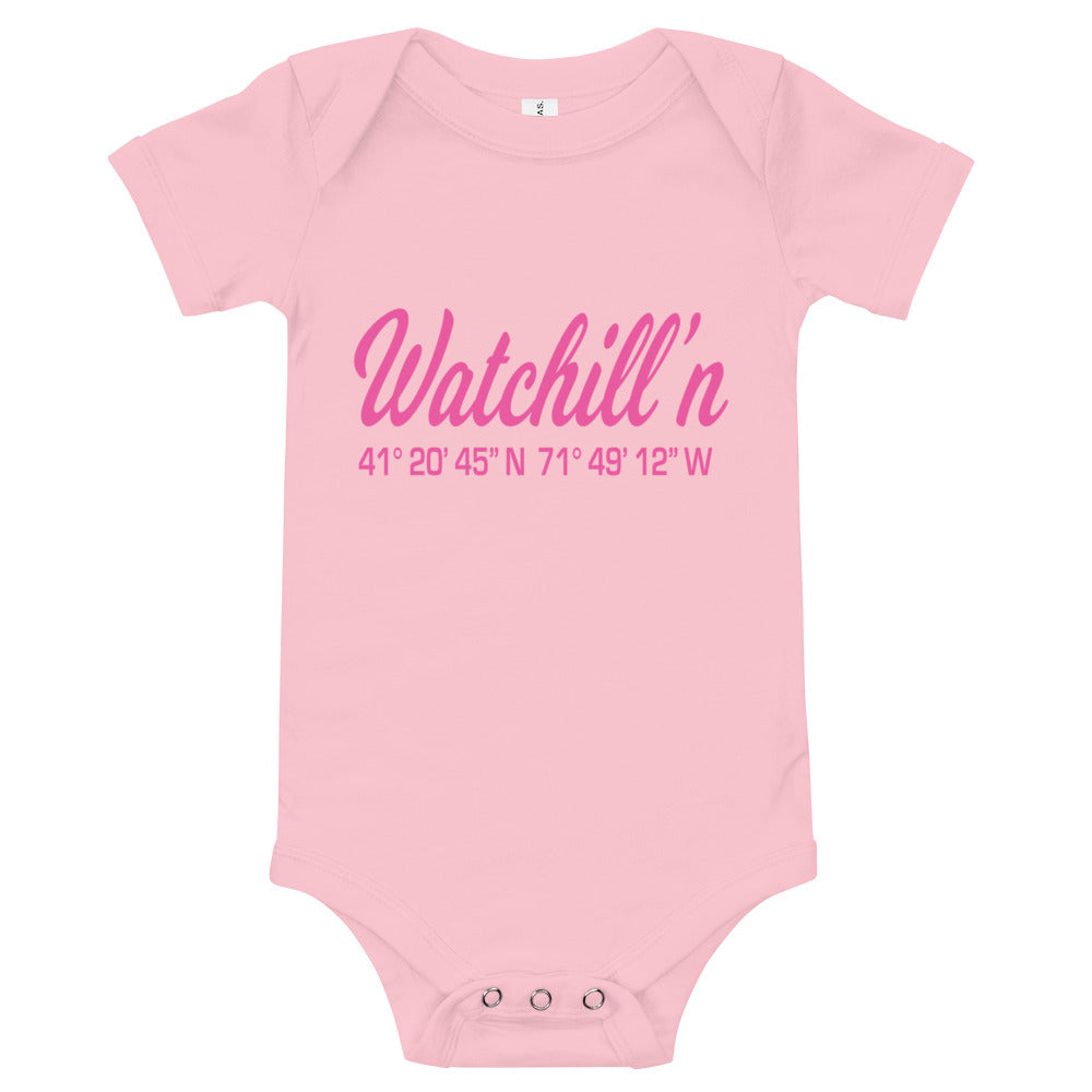 Watchill'n 'Coordinates' - Baby Jersey Short Sleeve One Piece (Pink) - Watch Hill RI t-shirts with vintage surfing and motorcycle designs.