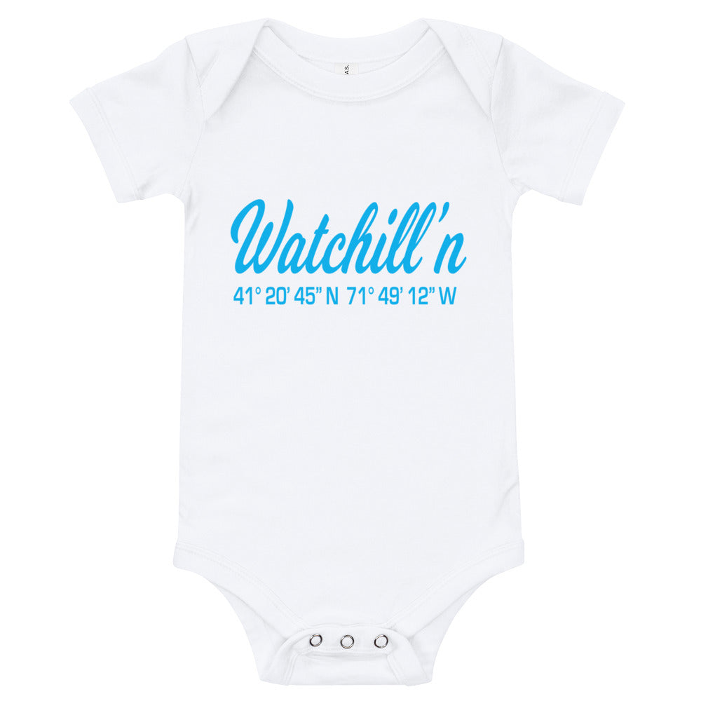 Watchill'n 'Coordinates' - Baby Jersey Short Sleeve One Piece (Cyan) - Watch Hill RI t-shirts with vintage surfing and motorcycle designs.